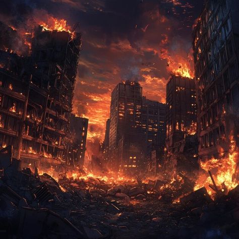 A city is destroyed by fire and the sky is dark and cloudy generative ai image | Premium AI-generated image Fire Art Aesthetic, Breaking New, City Backgrounds, Fire At Night, Sky On Fire, Burning Background, Burning Building Drawing, Background Fire, Apocalypse City