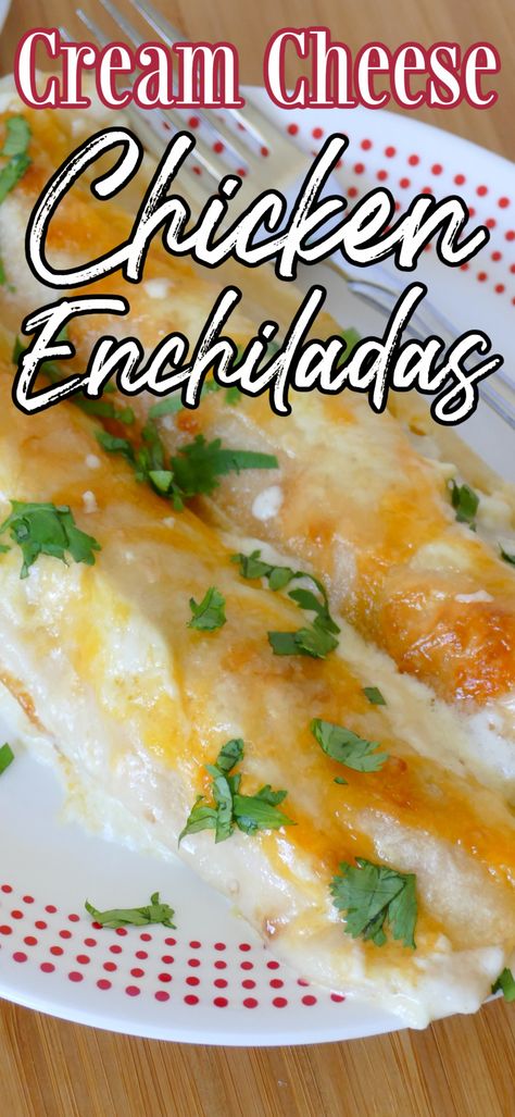 These chicken enchiladas are full of creamy, cheesy goodness! Perfect for Sunday dinner and sure to be a new family favorite! Use rotisserie chicken to save time in the kitchen! Rotisserie Chicken Enchiladas, Use Rotisserie Chicken, Cream Cheese Chicken Enchiladas, Chicken Enchiladas Recipe, 30 Minute Meals Easy, Enchiladas Recipe, Chicken Enchilada Casserole, Cheese Chicken, Chicken Enchilada Recipe