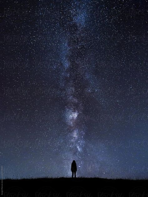 Silhouette Of Unrecognizable Person Standing Under Cosmic Sky At Night | Stocksy United Under Stars Aesthetic, Stars Aesthetic Night Skies Wallpaper, Stary Night Sky Aesthetic, Person Silhouette Standing, Night Person Aesthetic, Night Stars Photography, Sky Stars Aesthetic, Dark Sky With Stars, Laying Under The Stars