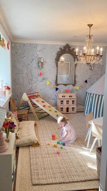 Childrens Play Area In Living Room, Aesthetic Kids Room, Whimsical Playroom, Dining Room Playroom, Luxury Baby Nursery, Colorful Playroom, Baby Playroom, Bedroom Toys, Nursery Room Design