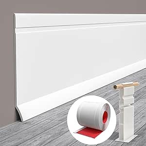 Pluden Flexible Baseboard Molding Trim, 4 Inch(W) x 20 Feet(L) Self Adhesive Vinyl Wall Base Cove Base, Peel and Stick Rubber Wall Moulding Trim Comes with a Scriber Wall Moulding, Baseboard Molding, Cove Base, Floor Molding, Wall Molding, Ceiling Fan In Kitchen, Bath Fixtures, Baseboards, Moldings And Trim