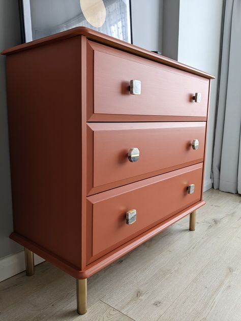 Burnt Orange Boho Dresser, Terracotta Dresser Diy, Orange Furniture Paint, Burnt Orange Dresser, Orange Dresser Nursery, Commode Diy, Terracotta Chest Of Drawers, Burnt Orange Paint, Coral Chest Of Drawers