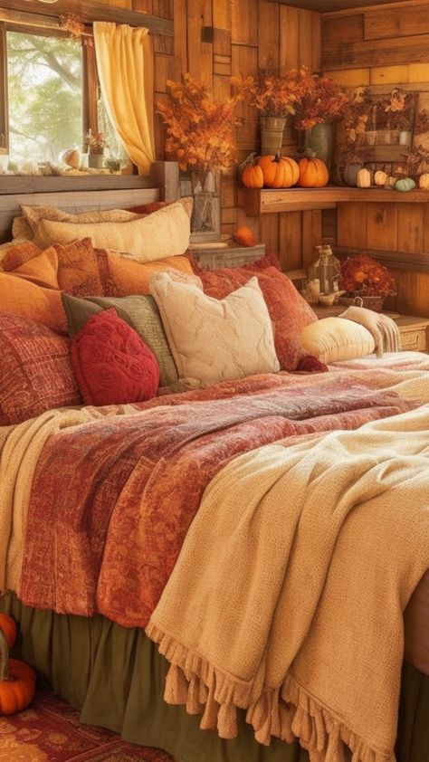 Vintage Fall Bedroom, Fall Colored Bedroom Ideas, Pumpkin Spice Bedroom, Fall Bedroom Colors, House Fall Decorations, Fall Bedroom Aesthetic Autumn, Pumpkin Bedroom Decor, Fall Color Bedding, Dream Cottage Bedroom