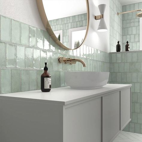 Bathroom Tiles Green Tile Bathroom, Tiles For Bathroom, Metro Tiles, Bad Inspiration, Glazed Ceramic Tile, Zellige Tile, Kitchen Wall Tiles, Green Tile, Green Bathroom