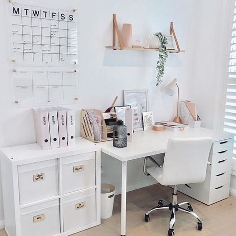 My Office 🥰 It’s getting there slowly! I went budget friendly so most items are from Kmart or IKEA😊 I find having a proper system makes… Desk Organisation, Office Organisation, Room Organisation, Cool Office Space, Hiasan Bilik Tidur, Desk Layout, Desk Inspiration, White Desk, Dekorasi Kamar Tidur