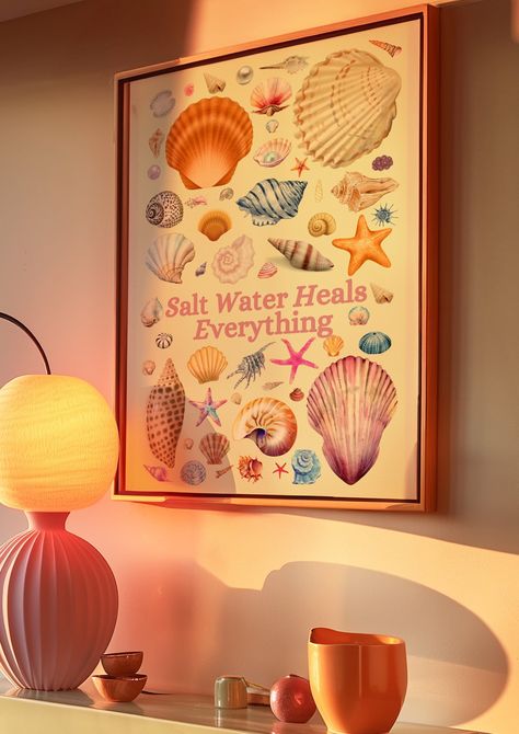 Embrace the calming essence of the ocean with our Saltwater Serenity - Ocean Healing Seashell Digital Art Print. This stunning artwork features a beautifully illustrated collection of seashells, each meticulously detailed to capture the ocean's natural beauty. The inspirational sea quote "Salt Water Heals Everything" adds a motivational touch, making this piece a perfect addition to any coastal decor. The idea for this artwork was born from the timeless allure of the ocean and the healing power Room Decor With Seashells, Shell Room Decor, Beach Aesthetic Room Decor, Ocean Living Room, Ocean Healing, Beach Prints Wall Art, Shell Wall Hanging, Beach Themed Wall Art, Coastal Room Decor