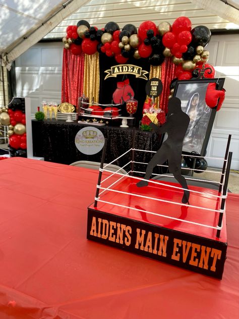 Boxing themed birthday party ideas Wrestling Themed Birthday Party, Wrestling Party Decorations, Boxer Theme Birthday Party, Ufc Party Ideas Decorations, Boxing Theme Party Ideas Decorations, Boxing Theme Centerpiece Ideas, 2nd Birthday Boxing Theme, Boxing Centerpiece Ideas, Boxing Themed Birthday Party