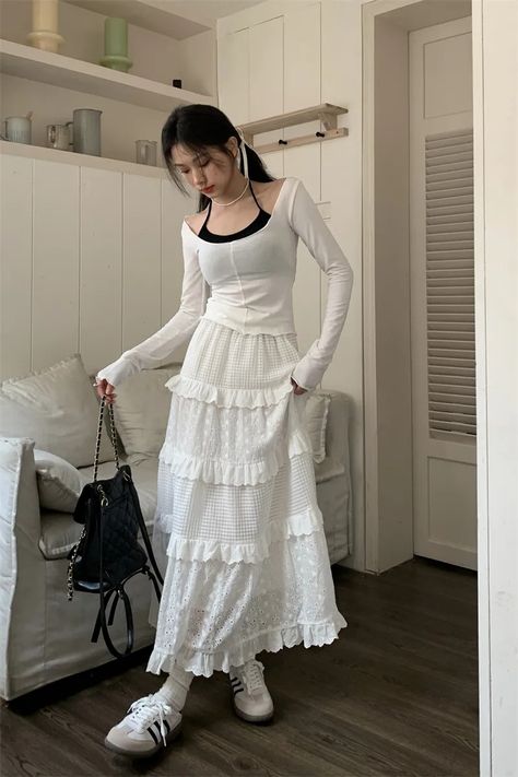 High quality White Cute Skirts for Women Summer High Waisted A-line Skirt Long Skirt Hook Flower - AliExpress Maxi Long Skirt, How To Style A Long White Skirt, Cute Skirts Long, Ruffle Maxi Skirt Outfit, White Boho Skirt Outfit, Outfit With Long Skirt, Maxi Skirt Outfit Aesthetic, Long Skirt Outfits Korean, Txt Outfits