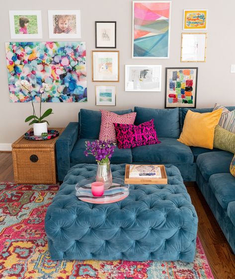 Happy Transitional - Transitional - Living Room - Dallas - by TATE|studio | Houzz Different Color Living Room Furniture, Multicolor Living Room Decor, Colorful Ottoman Living Room, Colorful Grey Living Room, Living Room Decor Cozy Colorful, Colourful Living Room Grey Couch, Bright Color Decor Living Room, Blue Couch Colorful Living Room, Bright Colorful Living Room Ideas Fun