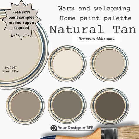 Elevate your home with this cozy, curated Color Palette to Complement Sherwin Williams Natural Tan! Designed to bring warmth and timeless beauty to any space, this palette features a harmonious selection of colors that work beautifully with Sherwin Williams' Natural Tan (SW 7567). Whether you're refreshing your living room, updating your exterior, or designing a cohesive home aesthetic, these warm, neutral shades will give your home a welcoming, classic look. Ideal for both traditional and moder Quiver Tan Sherwin Williams, Beige Interior Color Palette, Natural Tan Paint Sherwin Williams, Khaki Shade Sherwin Williams, Universal Khaki Sherwin Williams, Touch Of Sand Sherwin Williams, Sherwin Williams Tan Paint Colors, Bungalow Beige Sherwin Williams, Light Tan Paint Colors