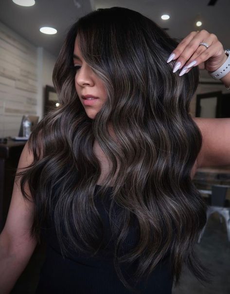 Bayalage Ash Brown, Dark Brown With Brown Highlights, Long Dark Hair With Face Framing Highlights, Dark Brown Hair With Extensions, Few Highlights On Dark Hair, Black Hair Bayalage, Dark Brunette Fall Hair 2023, Black Hair With Ash Brown Highlights, Dark Brown Hair With Deminsions