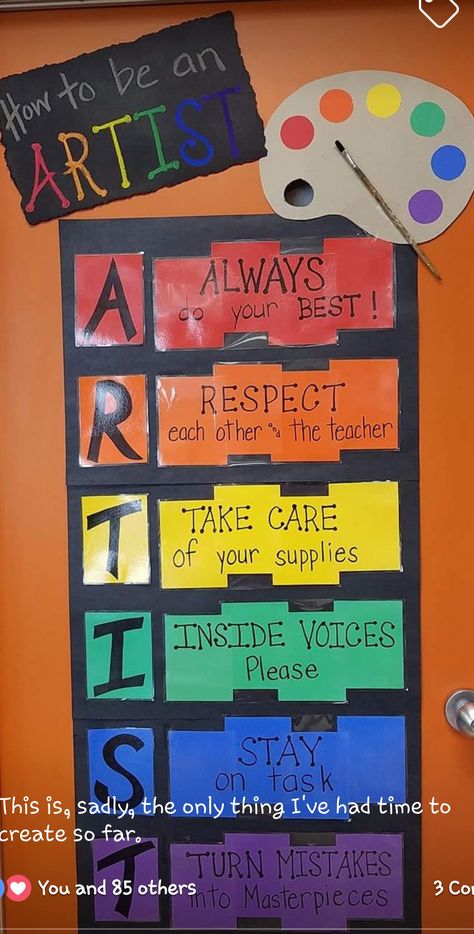 Artist Rules Poster, Posters For Art Classroom, Art Classroom Table Signs, Art Room Theme Ideas, Elementary Art Classroom Decorations Bulletin Boards, School Art Room Ideas, Art Class Expectations, Preschool Art Classroom, Middle School Art Teacher Outfits