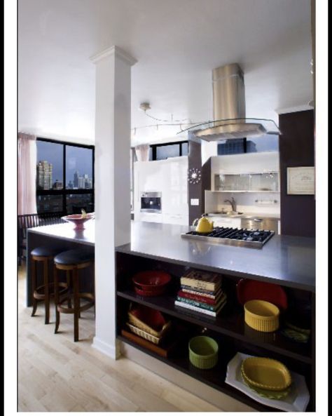 Kitchen Island With A Column, Structural Pillar Kitchen, Structural Post In Kitchen Island, Kitchen Islands With Structural Posts, Kitchen Island With Columns Posts, Column In Kitchen, Kitchen Island With Post, Pillar Kitchen, Kitchen Island Posts