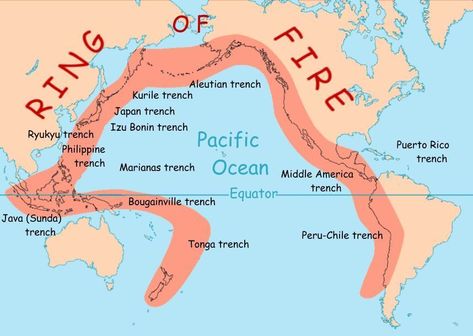 The Ring of Fire is a string of volcanoes and sites of seismic activity, or earthquakes, around the edges of the Pacific Ocean. Mariana Trench Ocean, Volcano Parts, Pacific Ring Of Fire, Seafloor Spreading, Ocean Trench, Subduction Zone, Fire Area, Marianas Trench, Geography Lessons