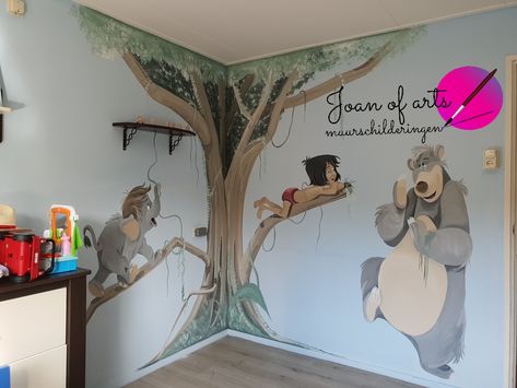 Jungle book muurschildering Jungle Book Nursery, Disney Mural, Book Bedroom, Baby Boy Room Nursery, Book Room, Book Wall, Landscape Art Painting, Baby Dragon, Baby Boy Rooms