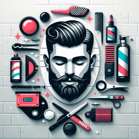 Premium Photo | 3D illustration of a mens barber shop logo with shaving supplies and a man with a beard3D illustrat Beard Man Illustration, Barber Shop Logo, Mens Barbershop, Barber Logo, Shaving Supplies, Man Illustration, Stationery Templates, Business Card Maker, Flyer Maker