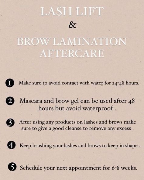 Brow Business Instagram Posts, Laminated Brows And Lash Lift, Lash Lift Brow Lamination, Brow Lamination After Care Instructions, Lash Lift Care, Brow Lamination Tips, Brow Tint Aftercare, Brow Lamination Benefits, Brow Lamination Quotes