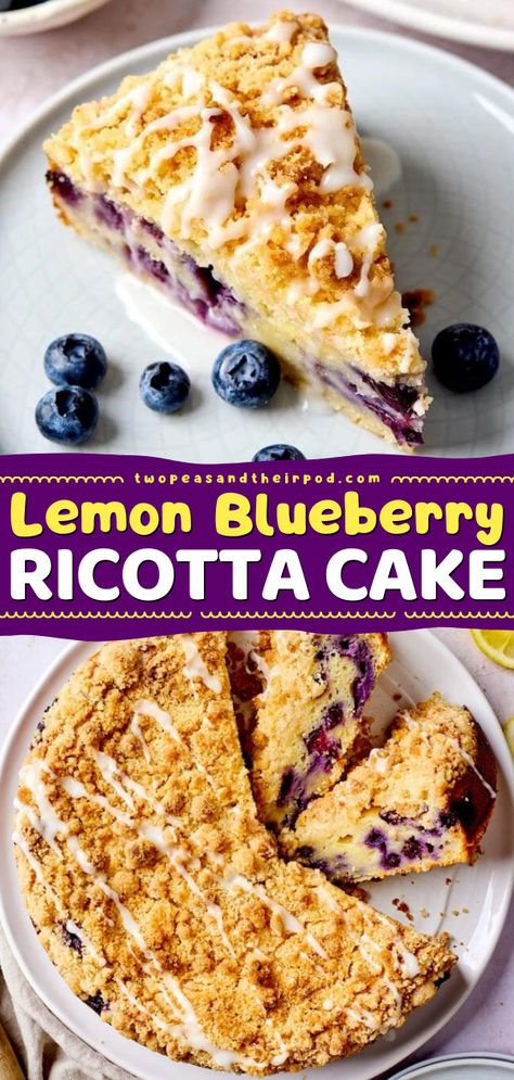 Here's an easy Spring dessert idea for you! This Lemon Blueberry Ricotta Cake with a sweet streusel topping and fresh lemon glaze is perfection. Add this to your best Easter dessert ideas too! Blueberry Ricotta Breakfast Cake, Lemon Blueberry Ricotta Cake, Ricotta Breakfast Cake, Blueberry Ricotta Cake, Lemon Blueberry Ricotta, Ricotta Breakfast, Ricotta Recipes Dessert, Blueberry Ricotta, Ricotta Cake Recipes