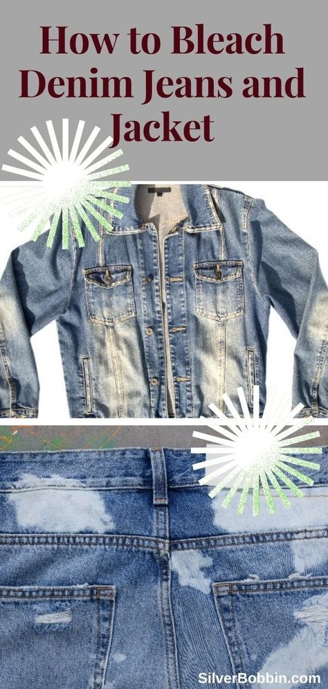 The most popular way to bleach denim jeans and jackets is to soak a garment in a solution of bleach and water for several hours. Techniques such as taping off a section of a garment before bleaching create an asymmetrical dip-dyed look. Using a spray bottle or paintbrush to apply the bleach will also create a stylized design. How To Bleach Denim Jacket, How To Bleach Jeans Diy, Bleaching Jeans Diy Denim Ideas, How To Bleach Jeans, Bleach Denim Jeans, Bleach Jeans Diy, Bleach Dyed Jeans, Bleach Designs, Diy Distressed Jeans