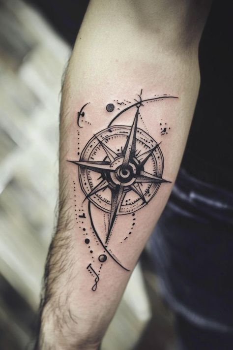 Compass tattoo on inner forearm with celestial elements. Amazing Tattoos For Guys, Tiny Skull Tattoos, Dumbbell Tattoo, Small Compass Tattoo, Cool Tattoo Ideas, Tattoo Ideas For Guys, Tiny Designs, Small Tattoos For Men, Puzzle Piece Tattoo