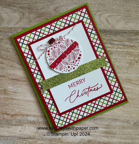 Hang an Ornament Christmas Card - Kim Plays with Paper Stamped Christmas Cards, Christmas Card Ornaments, Ornament Card, Homemade Christmas Cards, Stampin Up Christmas Cards, Stampin Up Catalog, Stamp Projects, Stampin Up Christmas, Holiday Paper