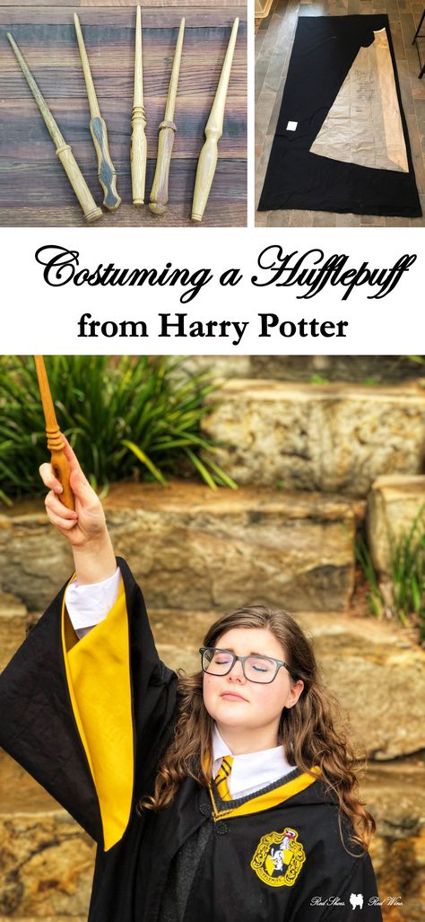 How I made and assembled an easy Hogwarts Hufflepuff uniform and house robes for my niece to costume/cosplay at Comicpalooza, DragonCon, and Halloween.  Most costume pieces (sweater, ties, patches, button up shirt, skirt, tights, wand) were from Amazon, Etsy, and I made the house robes from another blog post and a sewing pattern we already had. Hufflepuff Costume For Women, Diy Hufflepuff Costume, Diy Hufflepuff, Hufflepuff Halloween Costume, Hufflepuff Cosplay, Hufflepuff Costume, Hufflepuff Uniform, Harry Potter Patch, Hogwarts Hufflepuff