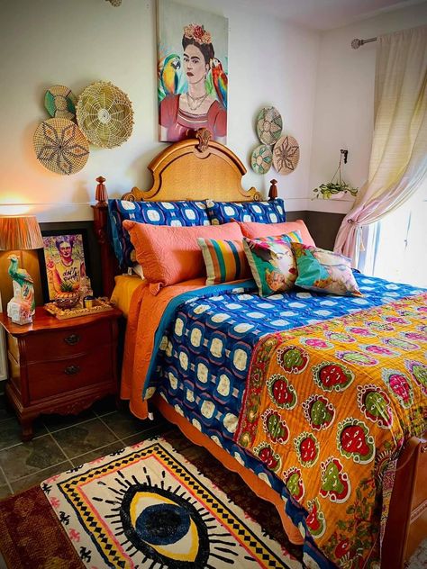 Mexican Inspired Bedroom, Mexican Style Bedroom, Mexican Bedroom Decor, Mexican Bedroom, Narrow Bedside, Bold Eclectic, Indian Bedroom Decor, Indian Bedroom, Bedroom Design Inspiration