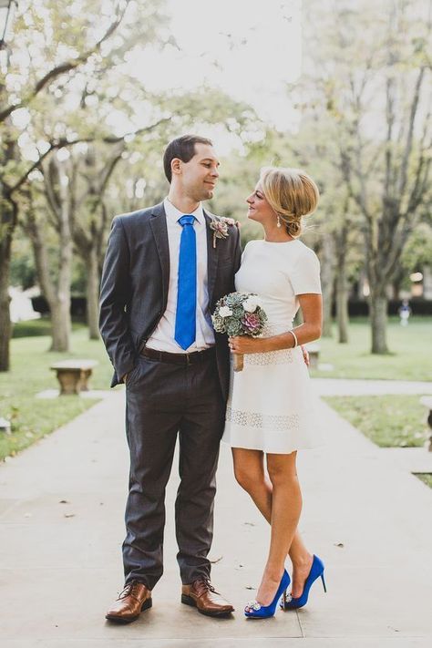 Casual Bride And Groom Outfits, White Dress Blue Heels, Fall Courthouse Wedding Dress, Wedding Dress With Blue Shoes, Casual Courthouse Wedding Outfit, Casual Wedding Dress Courthouse, Civil Wedding Ideas, Casual Wedding Photos, Causal Wedding