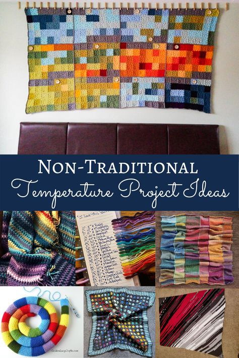 Learn how to make a temperature blanket and check out this list of awesome non-traditional temperature blanket and project ideas! Black And White Temperature Blanket, Muted Temperature Blanket Crochet, Knit Weather Blanket, Unique Temperature Blanket Crochet, Knitting Temperature Blanket, Weather Knitted Blanket, Crochet Granny Square Temperature Blanket, Temperature Blanket Highs And Lows, Temperature Afghan Crochet