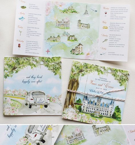 Illustrated Map Wedding Invitation, Wedding Invitations Drawing, Wedding Map Illustration, Watercolor Wedding Map, Tri Fold Wedding Invitations, Drawing Wedding Invitation, Map Invitation, Map Wedding Invitation, Painted Wedding Invitation