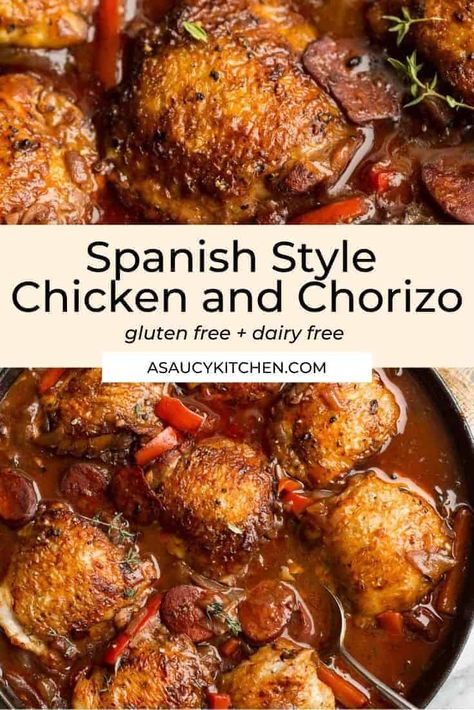 Spanish Chicken Chorizo, Spanish Main Dishes, Spanish Chicken Recipe, Chicken And Chorizo Recipes, Spanish Chicken And Chorizo, Spanish Chicken Recipes, Juicy Chicken Thighs, Chicken And Chorizo, Spanish Chorizo