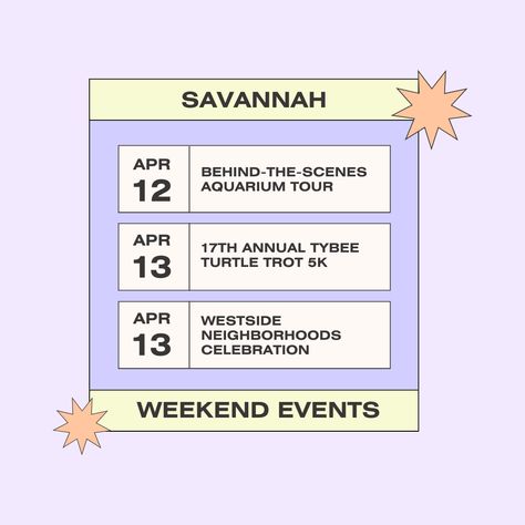 Savannah's weekend is looking lively and vibrant with a variety of events you won’t want to miss! 🎉 Each event is a chance to explore, learn, and connect. Share and tag your friends to plan a fun-filled weekend together! For more details, visit https://savannahmastercalendar.com/#calendar  #Savannah #ExploreSavannah #SavannahArt Event Calendar Ideas, Event Date Design, Event Calendar Design Layout, Events Calendar Design, Panel Event, Calendar Design Layout, Online Scrapbook, Social Media Branding Design, Shape Posters