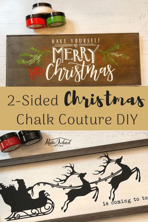 DIY Christmas Decor Using Chalk Couture is so easy!! This is a 2-side handmade home decor sign that is perfect for your Christmas Crafts DIY home decor. #rusticorchardhome #chalkcouture #christmasdecor #handmadesigns #christmascraft Chalk Couture Christmas, Cabin Christmas Decor, Traditional Christmas Decor, Christmas Decor Farmhouse, Couture Ideas, Christmas Crafts To Sell, Diy Christmas Decor, Stencil Projects, Cabin Christmas