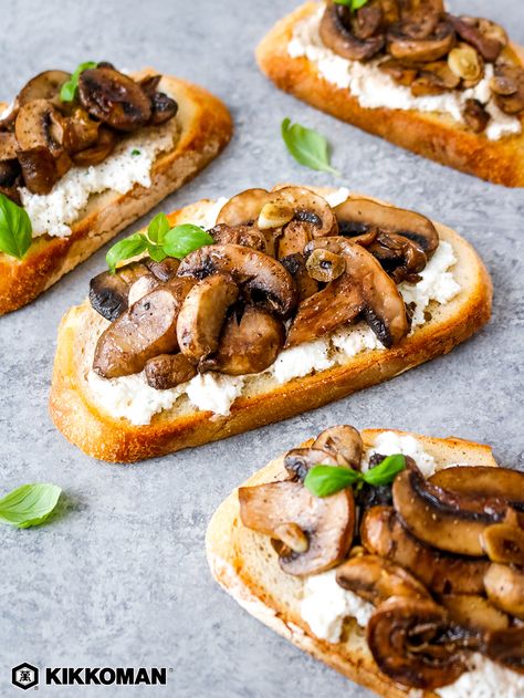 Umami Rich Mushroom Toast | Move over, avocado toast — there’s a new lunch in town! Serve ghee-fried mushroom slices over basil-ricotta cheese spread on crispy slices of sourdough bread. Drizzle the bread with olive oil and bake in the oven, instead of using a toaster. Sauté the button mushrooms with garlic, then add a splash of Kikkoman® Soy Sauce for a hardcore umami boost. Want more mushrooms? Type them into the recipe database on the Kikkoman® website to find more winning recipes! #Kikkoman Ricotta Spread, Herbed Ricotta, Ricotta Toast, Mushroom Toast, Weight Watchers Snacks, Garlic Mushrooms, Toast Recipes, Clean Eating Snacks, Ricotta