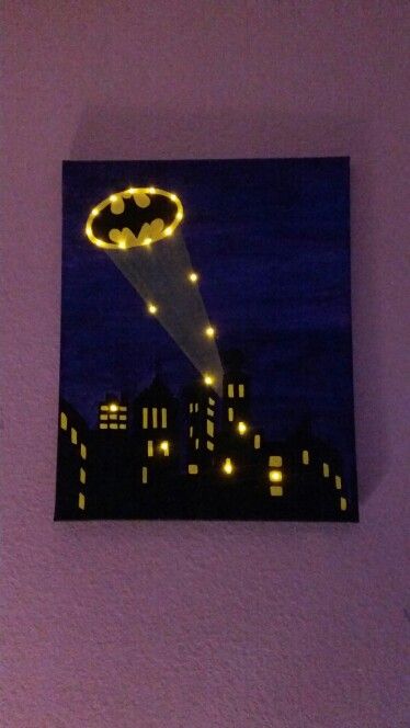 Lighted batman painting. Batman Bedroom, Batman Diy, Batman Painting, Batman Room, Batman Decor, Batman Gifts, Batman Stuff, Superhero Room, Batman Poster