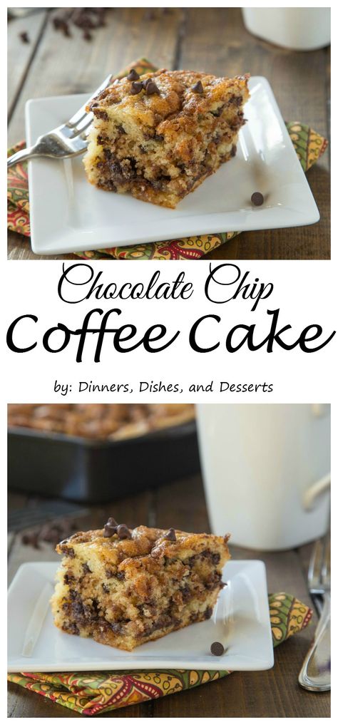 Chocolate Chip Coffee Cake – A light and fluffy coffee cake with a layer of chocolate chip streusel in the middle and on top! Fluffy Coffee Cake, Chocolate Chip Coffee Cake, Fluffy Coffee, Cake Mug, Coffee Cakes, Oreo Dessert, Coffee Cake Recipes, S'mores, Healthy Chocolate