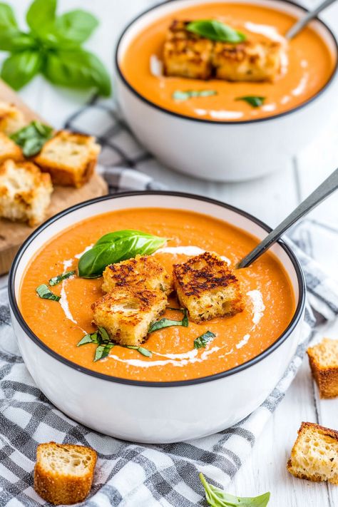 Creamy Tomatoes Soup, Soup With Heavy Cream, Creamy Tomato Soup Easy, Tomato Cream Soup, Hearty Tomato Soup, Crispy Grilled Cheese, Best Tomato Soup, Homemade Tomato Soup, Soup Lovers