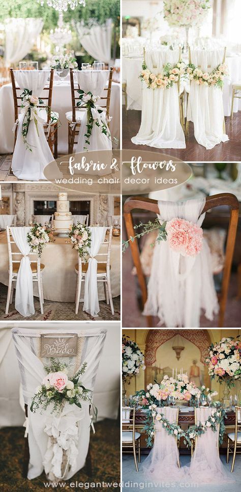 romantic garden inspired fabric and flower wedding chair decoration Ideas Flowers For Wedding Chairs, Chair Decoration For Wedding, Decorating Wedding Chairs, Bridal Chairs Ideas, Wedding Seat Cover Ideas, Decorate Wedding Chairs, Chair Wedding Decorations, Wedding Chairs Decorations, Chair Decorations Wedding