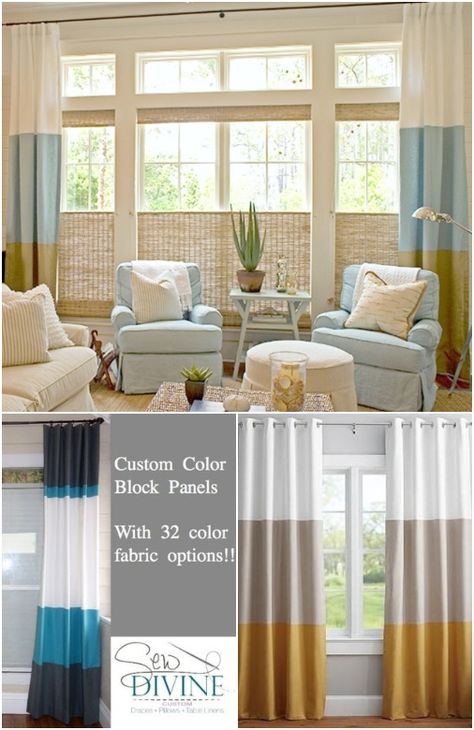 Coastal & Nautical Window Treatments | Curtain Panels, Valances, Sheer Designs & more Nautical Curtains Living Room, Color Block Curtains Living Room, Nautical Window Treatments, Coastal Breakfast, Breakfast Nook Curtains, Beach House Curtains, Sunroom Window Treatments, Coastal Window Treatments, Nautical Window