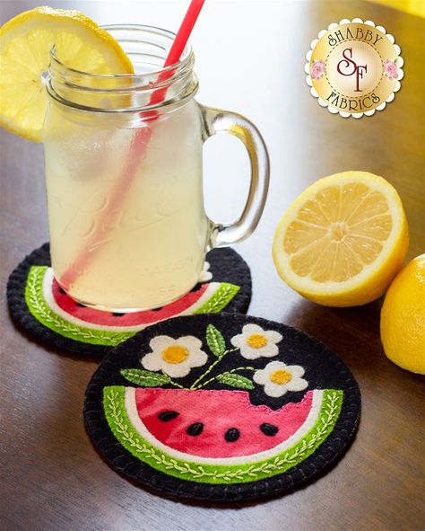 Wooly Mug Rug Series - July Kit | Shabby Fabrics Watermelon Coasters, Wool Project, Hand Ideas, Mug Rug Patterns, Laser Cut Kit, Penny Rug, Candle Mat, Freezer Paper, Penny Rugs