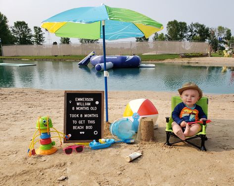 Beach Milestone Picture Ideas, Summer Milestone Picture Ideas Boy, Beach Photoshoot Ideas For Baby, Summer Baby Milestone Picture, 11 Month Milestones Photo Ideas, 4 Month Old Beach Pictures, Beach Milestone Picture, Summer Milestone Picture Ideas, Baby Birthday Announcement