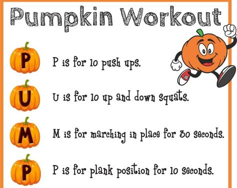 Need a quick brain break in the classroom or burn off some excess energy before homework?  Try this no-prep, pumpkin workout!  Can you comp... Halloween Workouts, Pumpkin Workout, Workout For Kids, Fitness Challenges, Fall Halloween Crafts, Brain Breaks, Halloween Crafts For Kids, Gross Motor, Break In