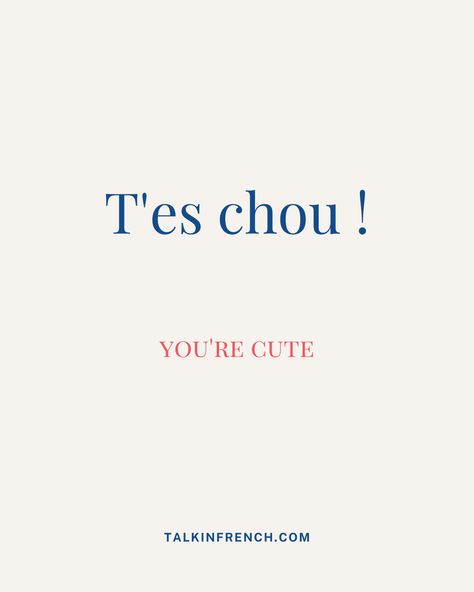 Être chou - to be cute ❤️ T'es chou ! - You're cute! The standard French expression for "to be cute" which you probably know of is "Être mignon ". But here, we are talking about the SLANG or COLLOQUIAL expression. #frenchlanguage #francais #french #learnfrench #learningfrench #frances #studyfrench #frenchcourse #frenchclass #frenchonline #frenchvocabulary #frenchwords #frenchexpression #frenchlearning #france #frenchquote #frenchlearners #dailyfrench Cute Things To Say In French, French Callsign, I Like You In French, French Romantic Words, Easy French Words, Pretty Words French, Compliments In French, French Cute Words, Pretty Words In French