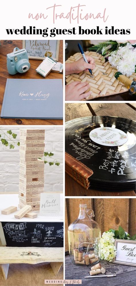 If you're looking for a fun and memorable way to collect your guests' memories on your wedding day, then check out these 10 creative and inexpensive non-traditional wedding guest book ideas. From unique picture frame guest books and selfie polaroid guest books to guitar guest books and DIY baby shoe guest books, these are the best guest signing ideas for wedding alternatives to a traditional guest book. Easy to pull off even if you don't have a lot of time or money on your hands. Shutterfly Wedding Guest Book, Inexpensive Guest Book Ideas, 50th Wedding Anniversary Guest Book Ideas, Wedding Polaroid Guest Book Signs, Practical Guest Book Ideas, Guest Book Ideas For Small Wedding, Wedding Shower Guest Book Ideas, Anniversary Party Guest Book Ideas, Wedding Guest Memory Ideas