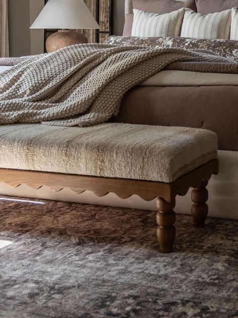 DIY Vintage Kilim Upholstered Scalloped Wooden Bench - Hamilton Park Home diy bench, diy upholstered bench, kilim bench, rug bench, vintage bench, scalloped bench, end of bed bench, upholstered bench, wavy bench, bench for king bed, bedroom decor, cushioned bench, free template, kilim rug, neutral bench, how to build a bench, modern vintage bench, modern vintage bedroom, moody bedroom, bedroom design, white oak bench, how to, kilim rug bench, striped bench, bench legs, size of bench for king bed Bench For End Of Bed, White Oak Bench, Modern Vintage Bedrooms, Large Wood Slices, Kilim Bench, Upholstered Bench Bedroom, Bench Bedroom, Outdoor Fire Table, Brown Rooms