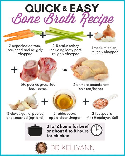 I believe that even the simplest bone broth tastes just as good as the gourmet versions. This is my “Back to Basics” bone broth recipe... and guess what? ... Out of one of the vegetables? Skip them. ... Out of all the vegetables? Skip them. ... Not sure what bones to use? Go to an organic grocery store and ask the butcher. ... Out of vinegar? Use lemon juice instead. ... Don’t like garlic? Add less, or none at all. ... No excuses! Get that bone broth brewing. Dr Kellyann Bone Broth, Dr Kellyann, Broth Diet, Bone Broth Diet, Homemade Bone Broth, Bone Broth Recipe, Organic Groceries, Broth Recipes, Healing Food