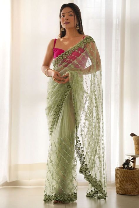 Pistachio Green Embroidered Net Saree for Party Pista Green Blouse Designs, Pista Colour, Saree Designs Latest, Latest Saree Designs, Saree For Party, Saree With Contrast Blouse, Contemporary Saree, Green Blouse Designs, Lehenga Style Saree