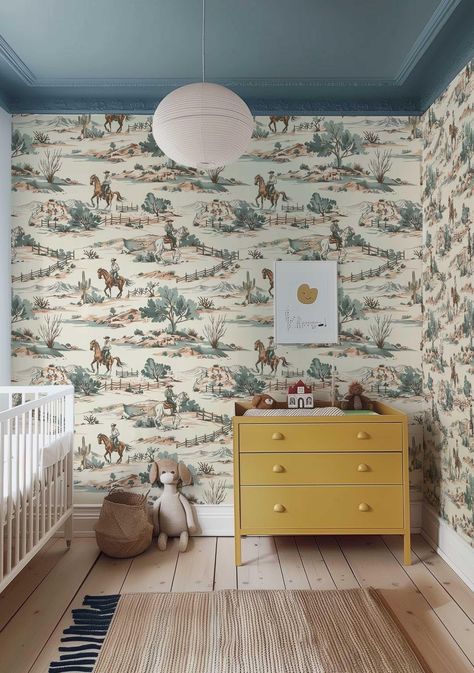 Western Cowboy Peel and Stick Wallpaper Mural with Horses and Desert Landscape Pattern for Rustic Home Decor pv066 Western Nursery Mural, Western Wallpaper Bathroom, Western Wallpaper Peel And Stick, Funky Baby Nursery, Red Western Wallpaper, Farm Aesthetic Wallpaper, Cowboy Toddler Room, Western Toddler Room, Cowboy Kids Room