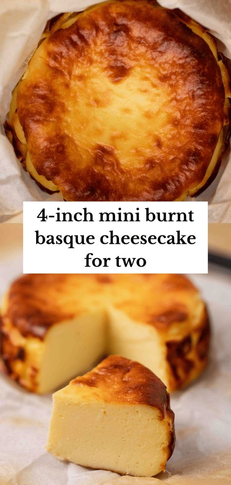 This creamy 4-inch burnt Basque cheesecake is what you didn't know you needed! It is the perfect dessert for adventurous cheesecake lovers. British Dessert Recipes, Healthyish Snacks, Burnt Basque Cheesecake Recipe, Cheesecake For Two, Basque Recipes, Basque Cheesecake Recipe, Crustless Cheesecake, Burnt Basque Cheesecake, Lifestyle Of A Foodie