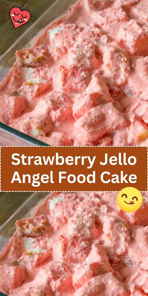 A light and airy angel food cake combined with strawberry jello, creating a moist, fruity dessert, often topped with whipped cream or fresh strawberries. Angel Food Cake Pineapple Cool Whip, Strawberry Desserts With Angel Food Cake And Jello, Angel Food Cake With Frosting, Angel Food Jello Cake, Strawberry Angelfood Cake Dessert, Angel Cake Desserts, Strawberry Jello Angel Food Cake Dessert, Strawberry And Angel Food Cake Dessert, Strawberry Angel Food Cake Dessert Easy